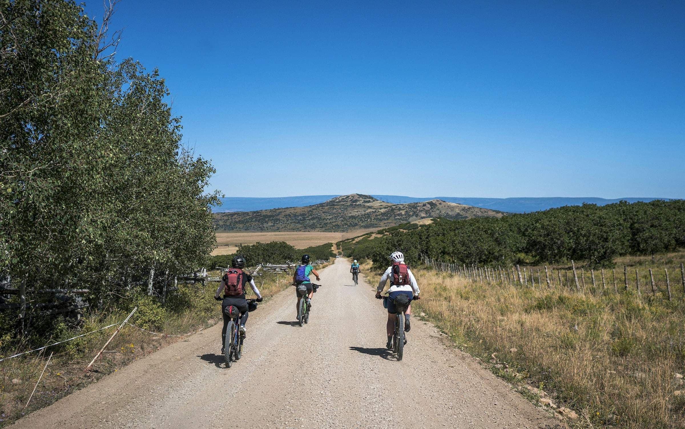 Quatre cyclistes chargés, de dos, sur une piste de terre vers les collines.